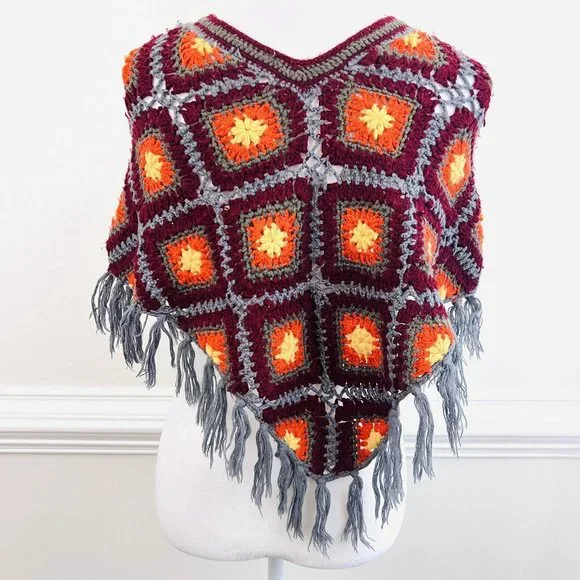 Granny Square Blue, Red, Orange Crocheted Fringe Boho Hippie Fringed Shawl - Picture 6 of 6